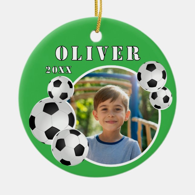 Green Soccer Ball Football Sports Photo Ceramic Ornament (Front)