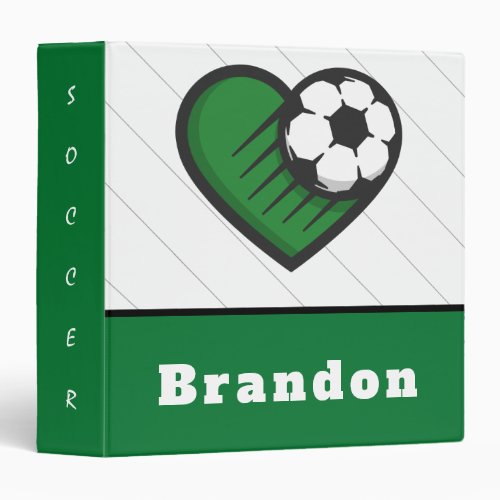 Green Soccer Love Kids Players Name  Ball Striped 3 Ring Binder