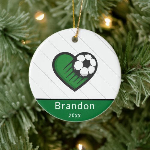 Green Soccer Love Kids Players Name  Ball Striped Ceramic Ornament