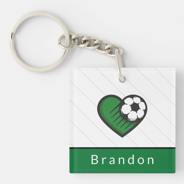 Green Soccer Love Kids Players Name & Ball Striped Keychain (Front)