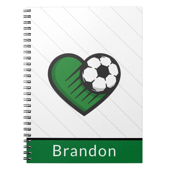 Green Soccer Love Kids Players Name & Ball Striped Notebook (Front)
