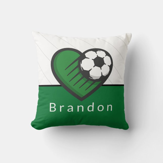 Green Soccer Love Kids Players Name & Ball Striped Throw Pillow (Front)