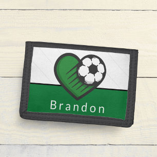 Green Soccer Love Kids Players Name & Ball Striped Tri-fold Wallet