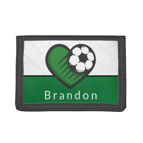 Green Soccer Love Kids Players Name  Ball Striped Trifold Wallet