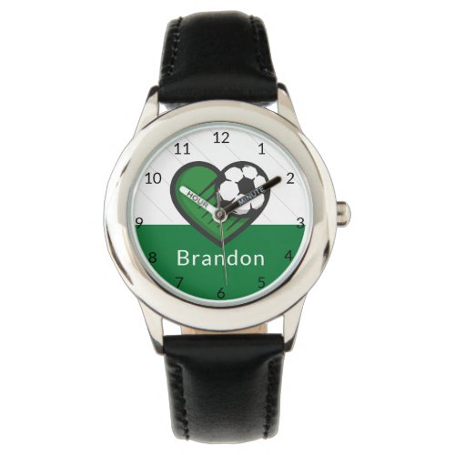 Green Soccer Love Kids Players Name  Ball Striped Watch