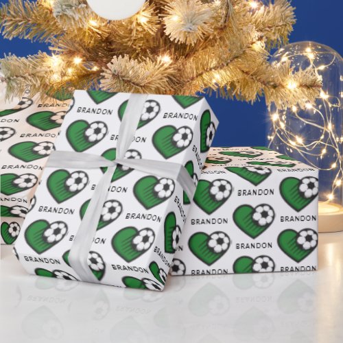 Green Soccer Love Kids Players Name  Ball Striped Wrapping Paper