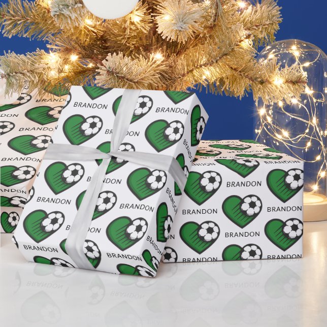 Green Soccer Love Kids Players Name & Ball Striped Wrapping Paper (Holidays)