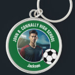 Green Soccer Player Photo High School Keychain<br><div class="desc">This cool customized high school soccer player photo gift features white typography of your team and player name on a green keychain with a soccer ball. Personalize with your student's photograph as a proud futbol parent.</div>