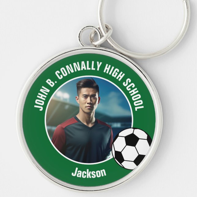 Green Soccer Player Photo High School Keychain (Front)