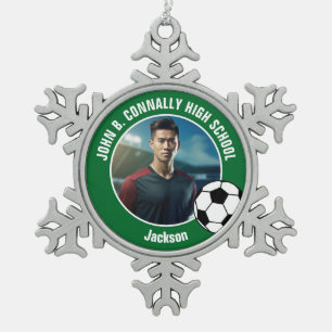 Green Soccer Player Photo High School Spirit Snowflake Pewter Christmas Ornament