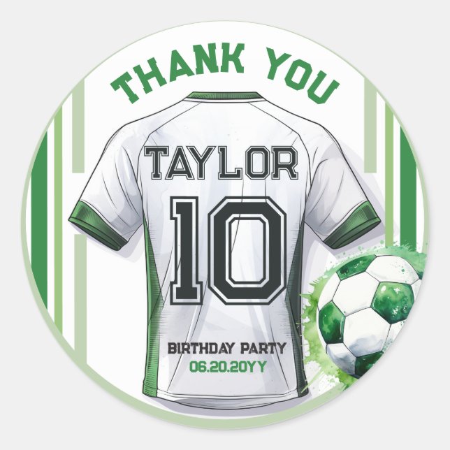 Green Soccer Sports Boy Jersey Kids Birthday Favor Classic Round Sticker (Front)