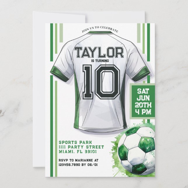 Green Soccer Sports Boy Jersey Kids Birthday Party Invitation