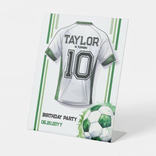 Green Soccer Sports Boy Jersey Kids Birthday Party Pedestal Sign