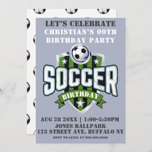 Green Soccer Theme Birthday Party Invitations 