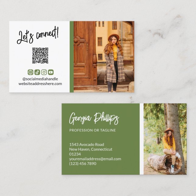 Green Social Media Icons QR Code Photo Business Card (Front/Back)