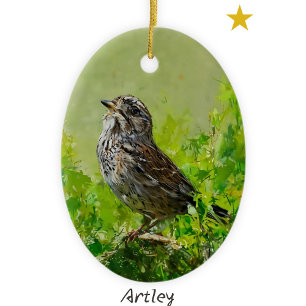 Green Song Sparrow Bird Painting Custom Year Ceramic Ornament