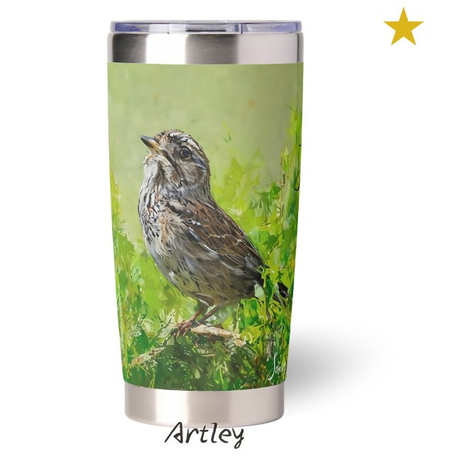 Green Song Sparrow Painting Custom Name Birder Insulated Tumbler (Creator Uploaded)