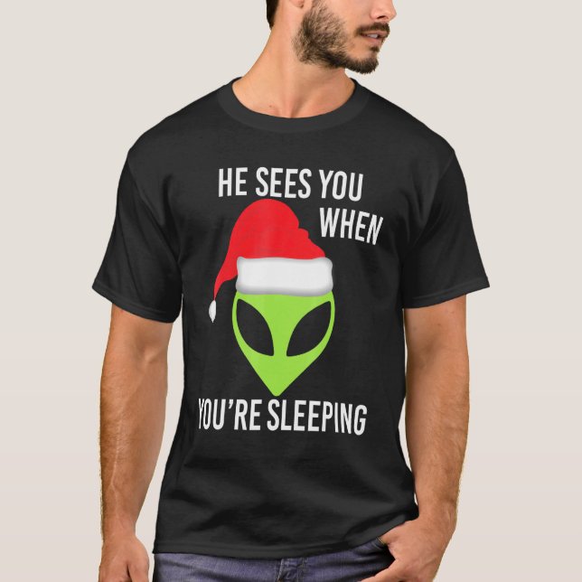 Green Space Alien Head Christmas Santa Hat Ufo Mar T-Shirt (Front)