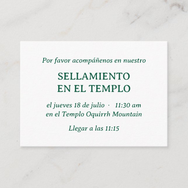 Green Spanish Minimalist Temple Sealing Invitation (Front)