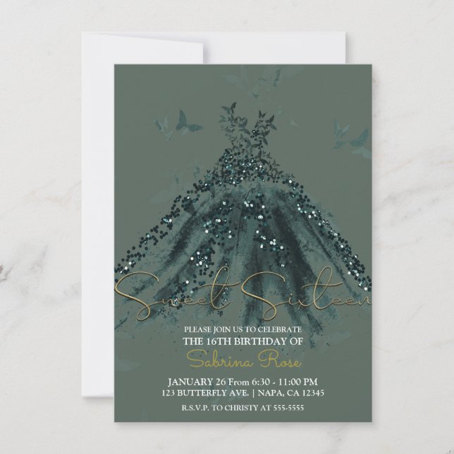 Green Sparkle Butterfly Dance Dress Sweet 16 Party Invitation (Front)