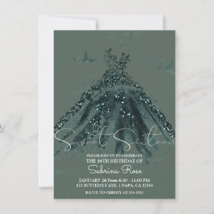 Green Sparkle Butterfly Dance Dress Sweet 16 Party Invitation