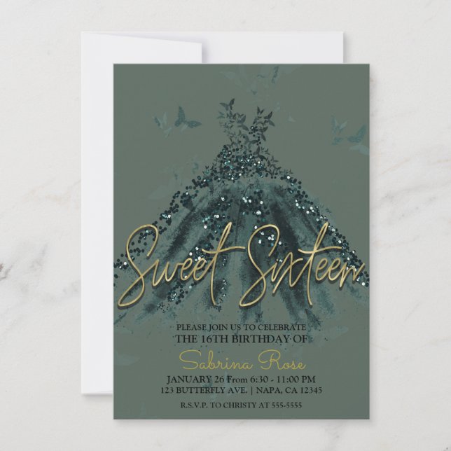 Green Sparkle Butterfly Dance Dress Sweet 16 Party Invitation (Front)