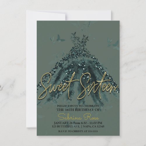 Green Sparkle Butterfly Dance Dress Sweet 16 Party Invitation