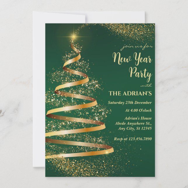 Green sparkle christmas tree new year party  invitation (Front)