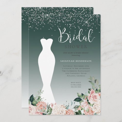 Green Sparkle Floral Wedding Dress Bridal Shower Invitation