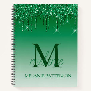 Green Sparkle Glitter Drip Monogram Script Name Notebook