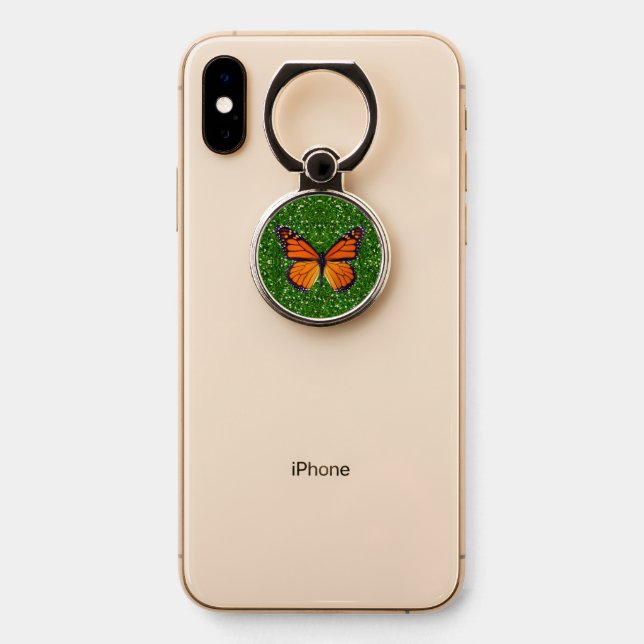 Green Sparkle Glitter Monarch Butterfly Phone Ring Stand (On Phone)