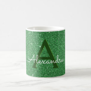 Green Sparkle Glitter Monogram Name & Initial Coffee Mug