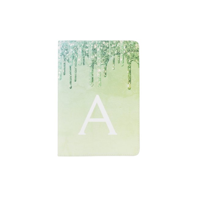 Green Sparkle Glitter Monogram Name Passport Holder (Front)