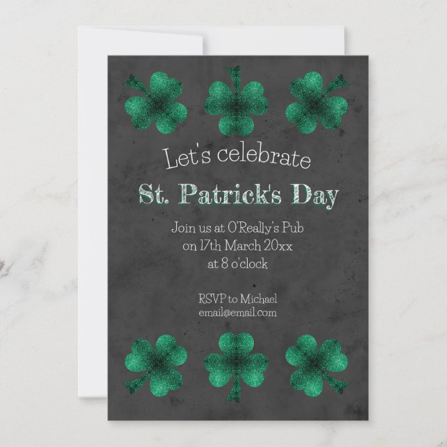 Green Sparkle Shamrock Gray St Patrick Day Invitation (Front)