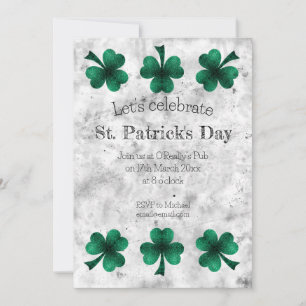 Green Sparkle Shamrock Gray St Patrick Day White Invitation