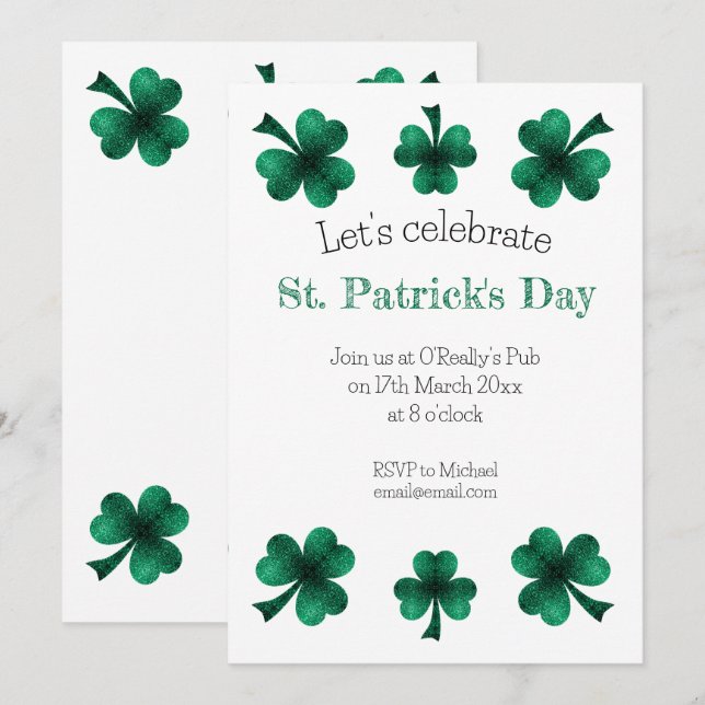 Green Sparkle Shamrock St. Patrick's Day White Invitation (Front/Back)