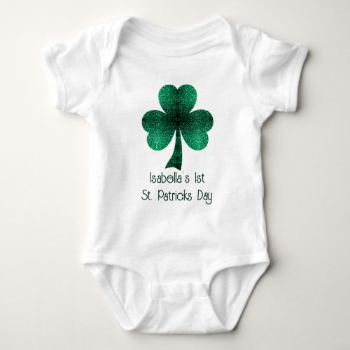 Green Sparkles Shamrock 1st St Patricks Day Name Baby Bodysuit