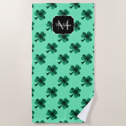 Green Sparkles Shamrock St Patrick Day Monogram Beach Towel