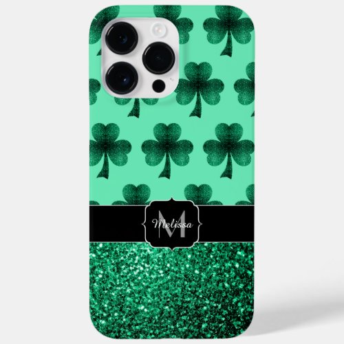 Green Sparkles Shamrock St Patrick Day Monogram Case_Mate iPhone 14 Pro Max Case