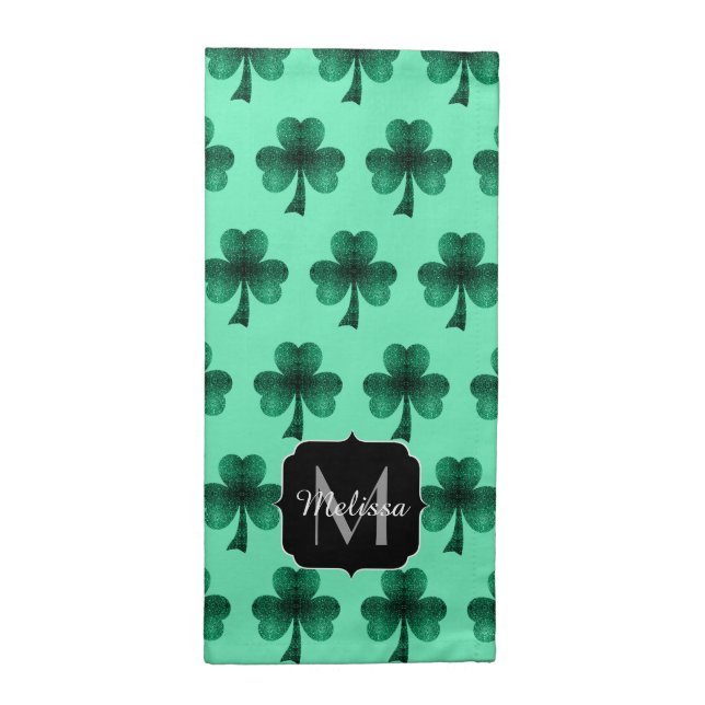 Green Sparkles Shamrock St. Patrick' Day Monogram Cloth Napkin (Half Fold)