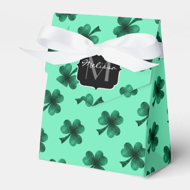 Green Sparkles Shamrock St. Patrick' Day Monogram Favor Boxes (Front Side)