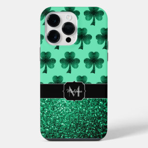 Green Sparkles Shamrock St. Patrick' Day Monogram iPhone 14 Pro Max Case