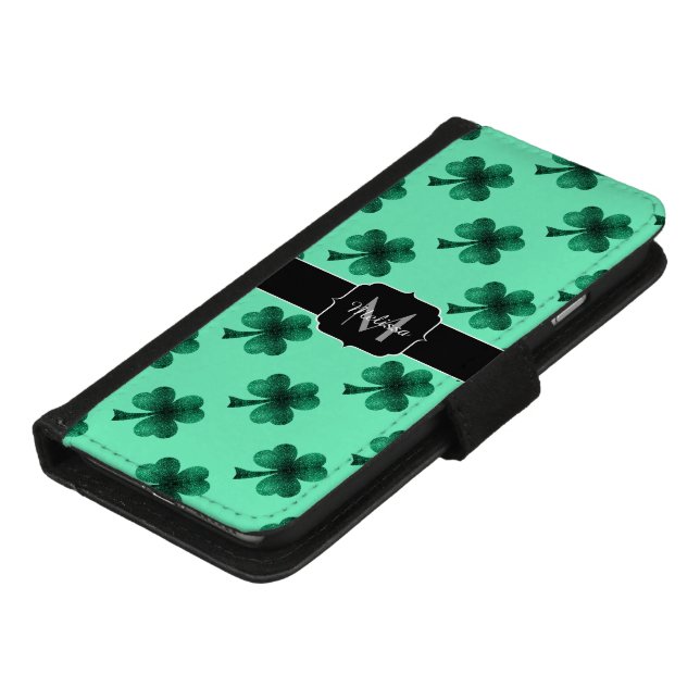 Green Sparkles Shamrock St. Patrick' Day Monogram iPhone Wallet Case (Bottom)