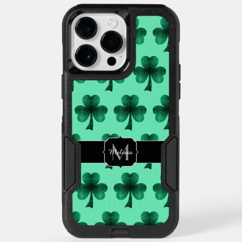 Green Sparkles Shamrock St Patrick Day Monogram OtterBox iPhone 14 Pro Max Case