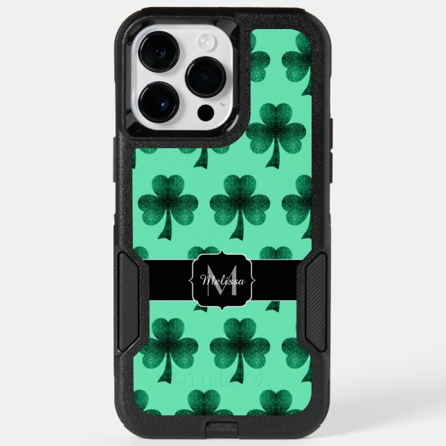 Green Sparkles Shamrock St. Patrick' Day Monogram Otterbox iPhone Case (Back)