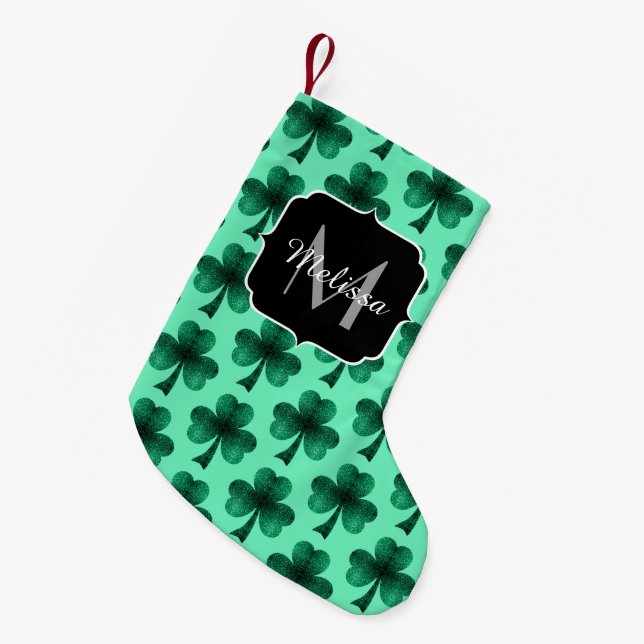 Green Sparkles Shamrock St. Patrick' Day Monogram Small Christmas Stocking (Front (Hanging))