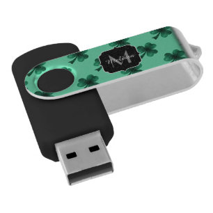 Green Sparkles Shamrock St. Patrick' Day Monogram USB Flash Drive