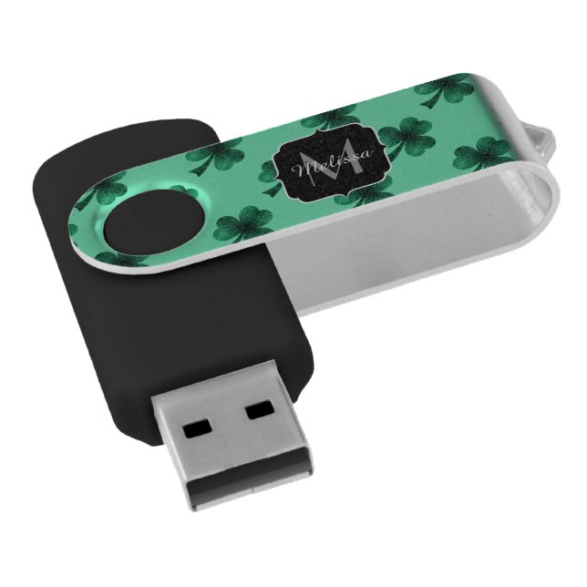 Green Sparkles Shamrock St. Patrick' Day Monogram USB Flash Drive (Angled)