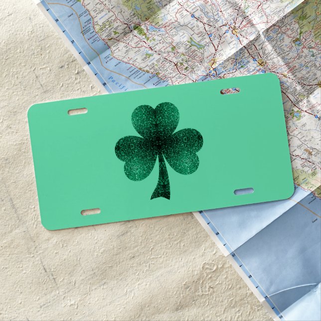 Green Sparkles Shamrock St. Patrick' Day turquoise License Plate (In Situ)