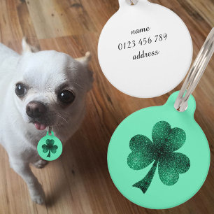 Green Sparkles Shamrock St. Patrick Day turquoise Pet Tag